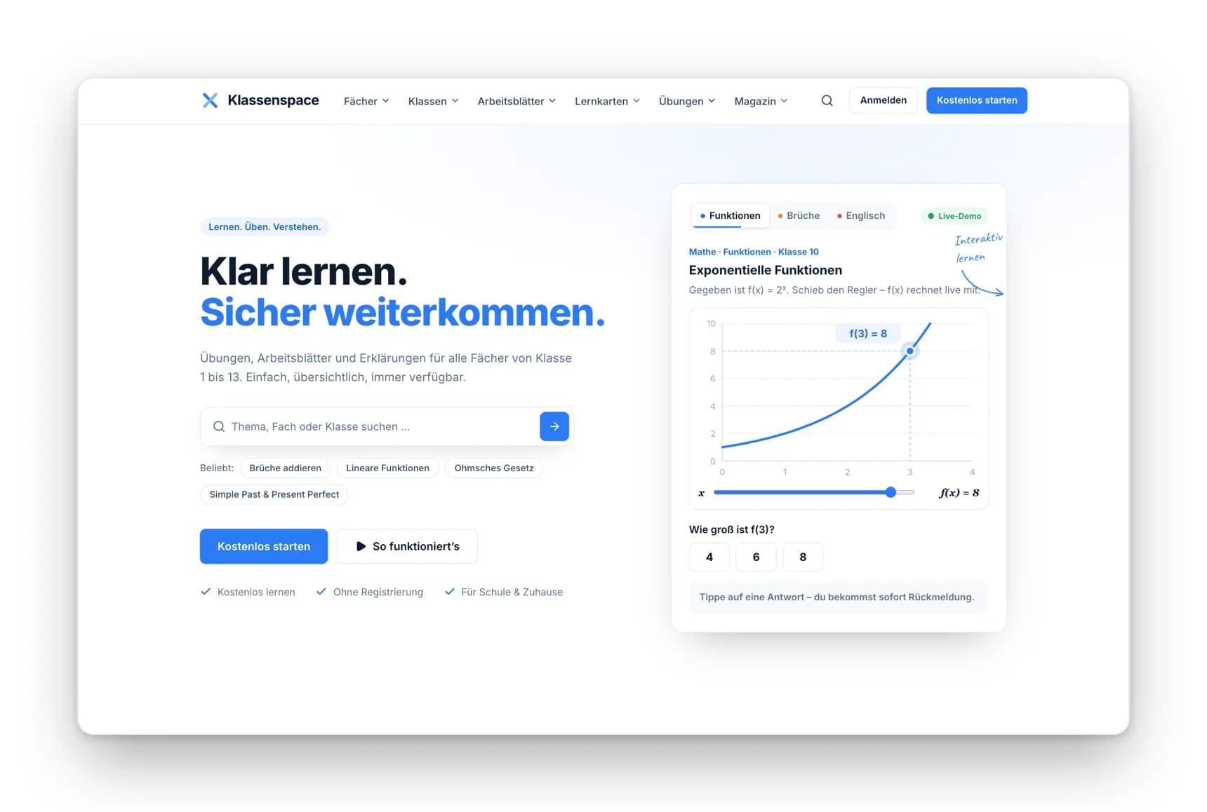 Suche, Fächer, direkter Start
