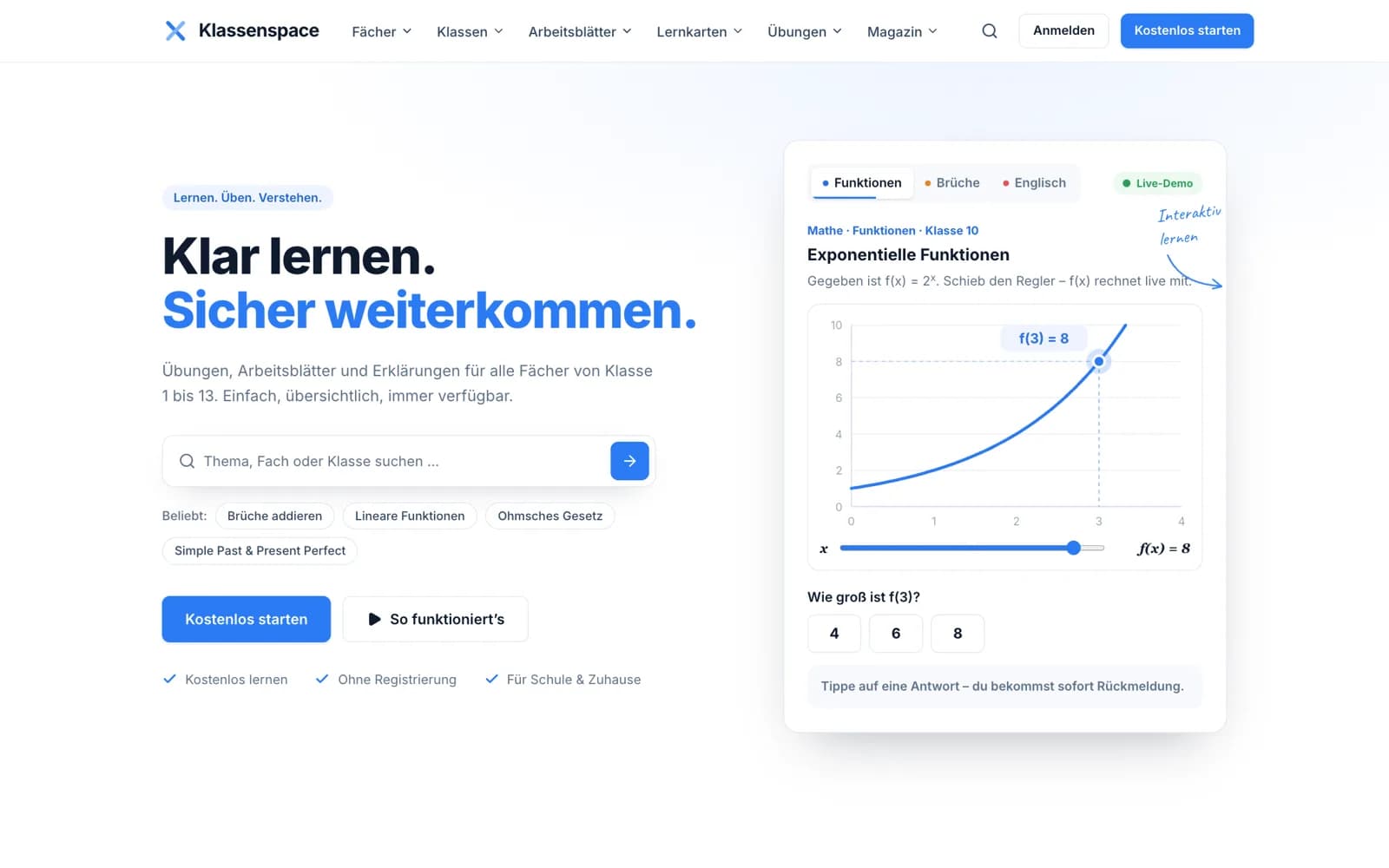 Klassenspace: Startansicht