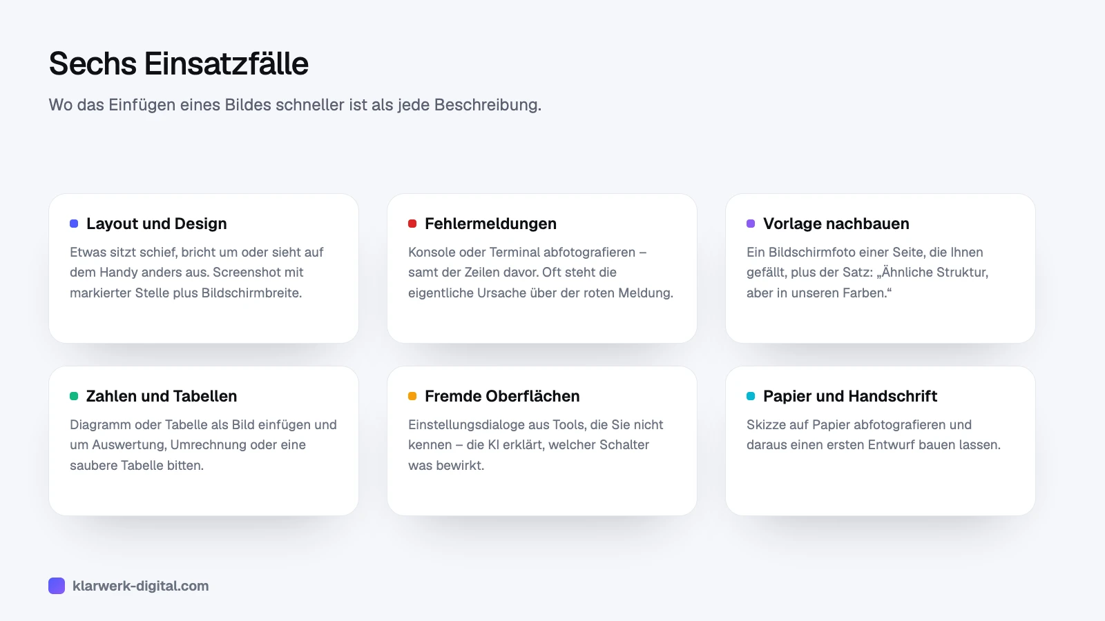 Übersicht mit sechs Einsatzfällen: Layout, Fehlermeldungen, Vorlage nachbauen, Zahlen und Tabellen, fremde Oberflächen, Papier und Handschrift