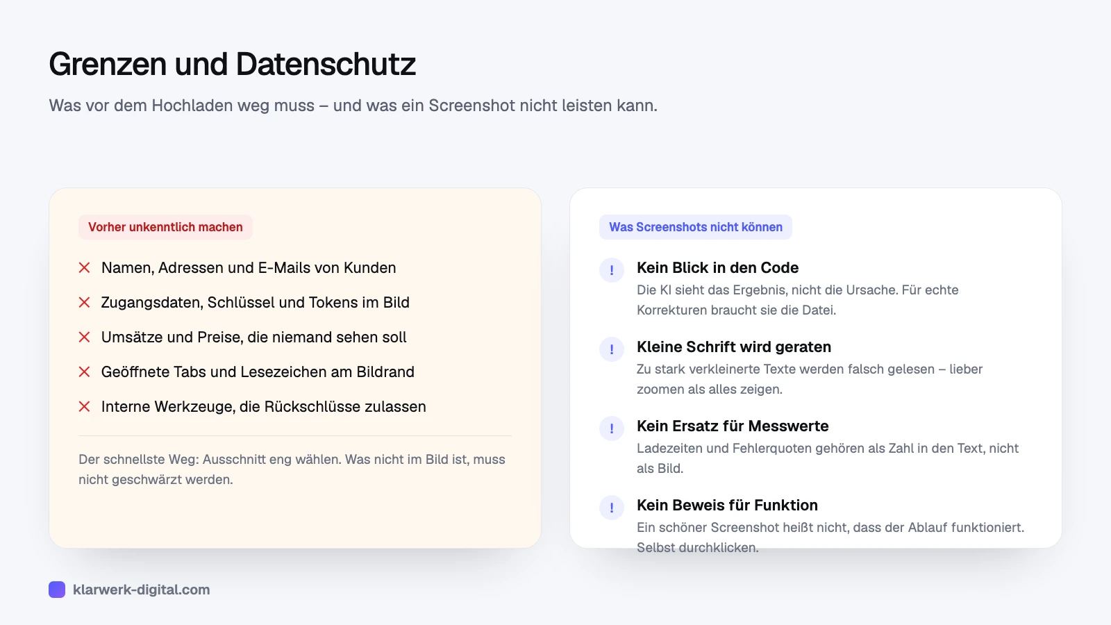 Übersicht: Was vor dem Hochladen unkenntlich gemacht werden muss und was Screenshots nicht leisten können